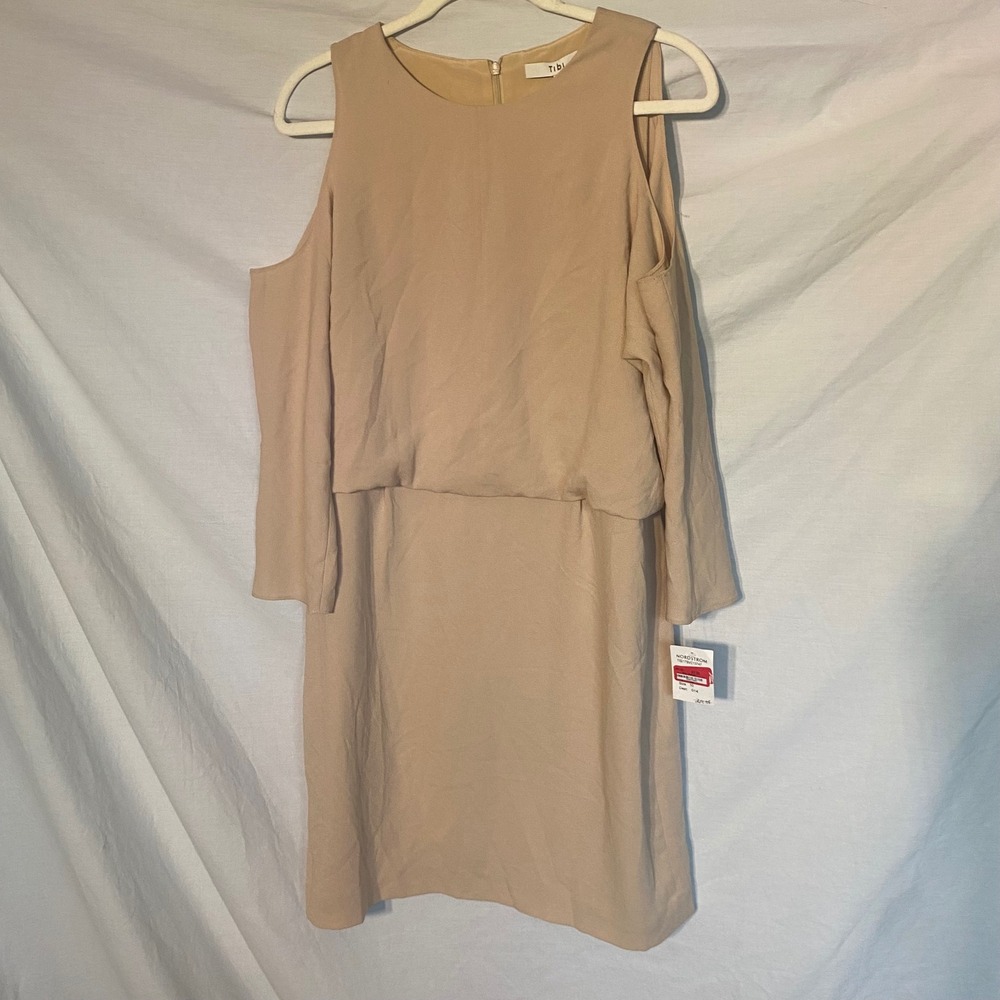 Tibi Tan Cold Shoulder Layered Crepe Dress Size 10 NEW Beige